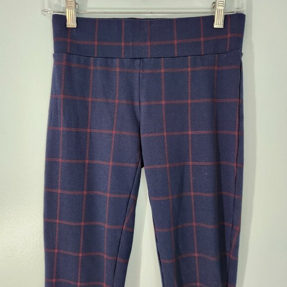LOFT Outlet Soft Knit Leggings‎ Navy Blue Red Check XS Pull On Stretch Cropped - Picture 2 of 11